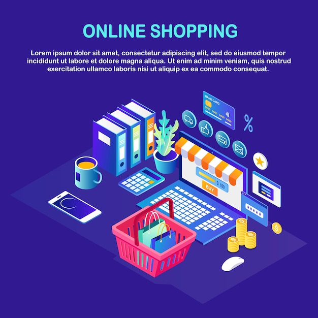 Shopping online, concetto di vendita. acquista in un negozio al dettaglio tramite internet. computer isometrico, cestino, soldi