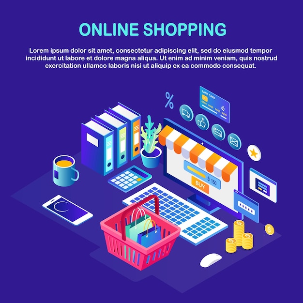 Online shopping , sale concept. buy in retail shop by internet. isometric computer, basket, money