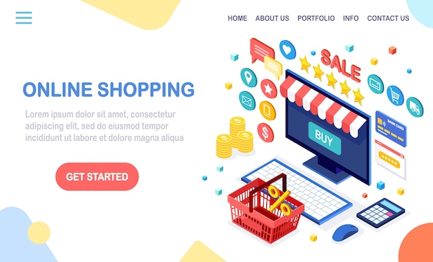 Shopping online, concetto di vendita. acquista in un negozio al dettaglio tramite internet. computer isometrico, laptop con cestino, soldi, carta di credito, recensione del cliente, stella di feedback. per banner web