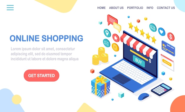 Shopping online, concetto di vendita. acquista in un negozio al dettaglio tramite internet. computer isometrico, laptop con soldi, carta di credito, recensione del cliente, feedback, confezione regalo, sorpresa. per banner web