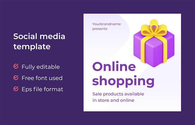 Online shopping sale discount promo post with isometric gift box decorated by bow vector illustration internet sell goods purchase at store shop and website advertising promotion with place for text