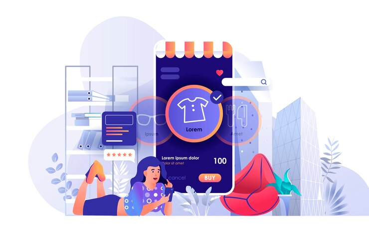 Vector online shopping scene illustration of people characters in flat design concept