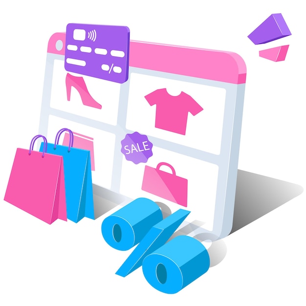 Vector online shopping site. 3d conceptual illustration with online store interface, bank card