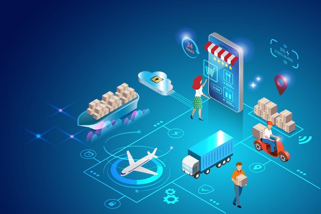 Vector online shopping and smart global logistics delivery system shipment carton delivery in supply chain airfreight seafreight and transportation truck use wireless and cloud computing technoloty