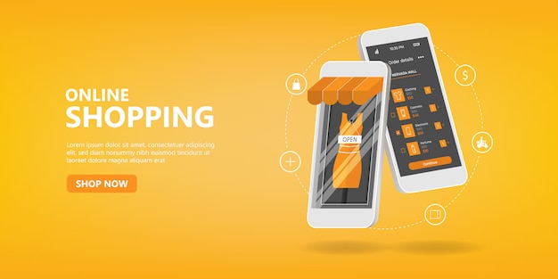 온라인 쇼핑 소셜 미디어 모바일 애플리케이션 웹 사이트 개념.