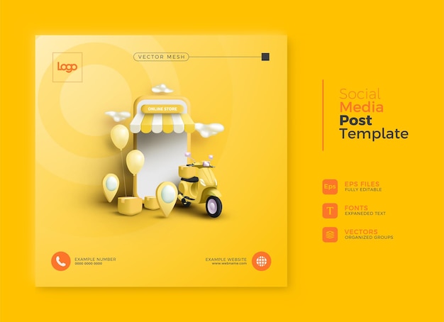 Online shopping social media post template 3d vector background in bright yellow color