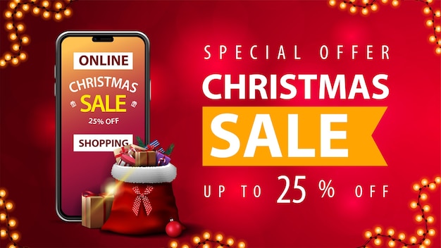 Online shopping, special offer, christmas sale, up to 25% off, red discount web banner with blurred background, smartphone with offer on screen and santa claus bag with presents around