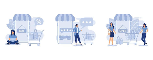 Online shopping, star rating, isometric women characters with shopping bags and shopping carts