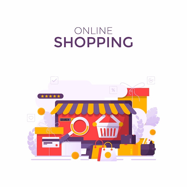 Online shopping store on website and mobile phone design Smart business marketing concept Horizontal view Vector Illustration