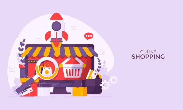 Online shopping store on website and mobile phone design smart business marketing concept horizontal view vector illustration