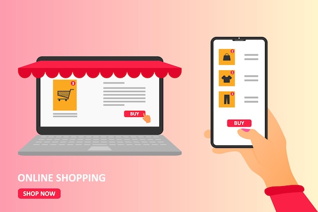online shopping store on website and mobile phone design smart business marketing concept vector illustration