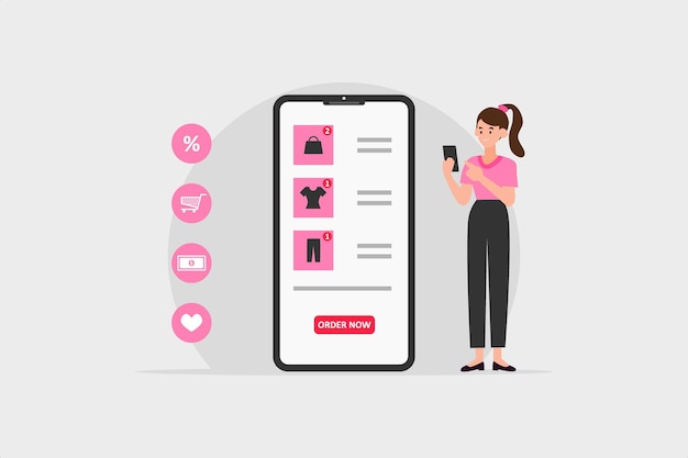 Online shopping store on website and mobile phone design Smart business marketing concept Woman using a smart phone for online shopping Vector Illustration