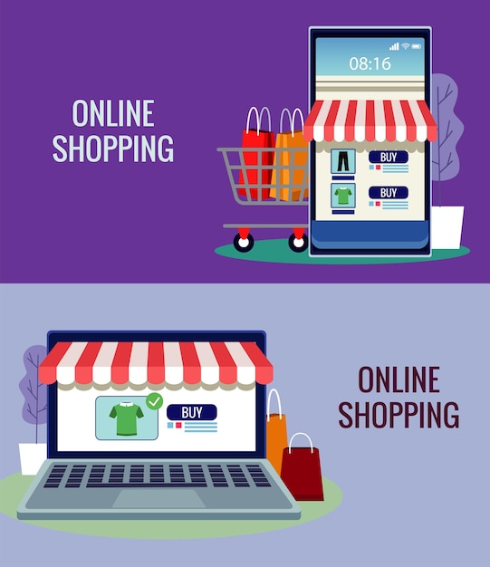 Online shopping technology in smartphone and laptop with cart illustration