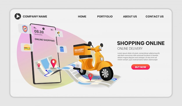 Servizio di modelli di shopping online per cibo e servizio di consegna di acquisti online di pacchi con moto. illustrazione 3d, immagine dell'eroe per il sito web