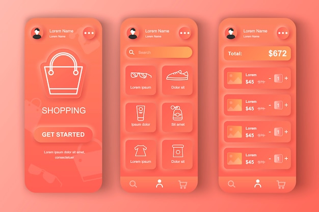 Vettore shopping online unico kit di progettazione neumorfa per app.