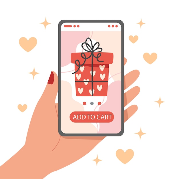 Vector online shopping for valentine's day gift using smartphone