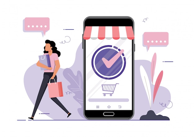 Vector online shopping vector concept. young girl with shopping bags walking away on the background of a mobile phone with an open online store