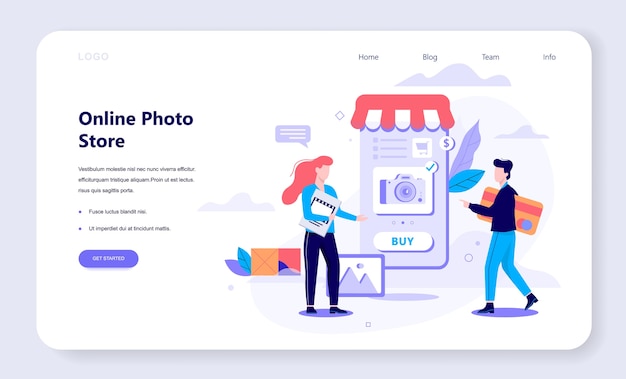 온라인 쇼핑 웹 배너 개념입니다. 전자 상거래, 판매중인 고객. 휴대 전화의 앱. 사진 가게. 스타일 일러스트