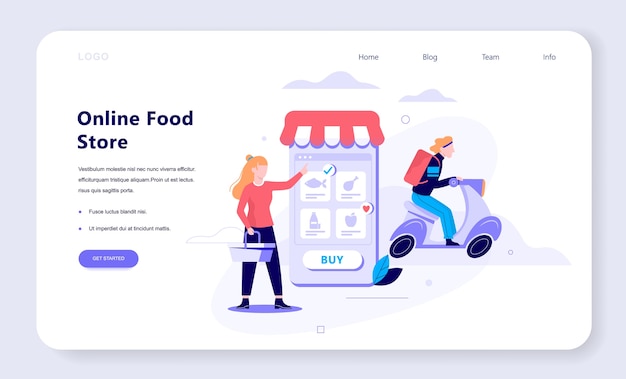 Online shopping web banner concept. E-commerce, customer on the sale. App on mobile phone. Food store.   illustration in  style