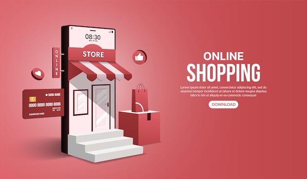 Acquisti online sul sito web e sull'applicazione mobile tramite smartphone negozio e negozio di marketing digitale