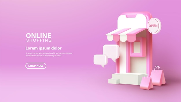 부드러운 분홍색 배경에 3D 스마트폰 일러스트와 함께 온라인 쇼핑
