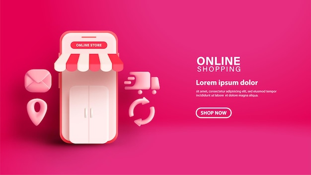 Vettore acquisti online con smartphone 3d su sfondo rosa