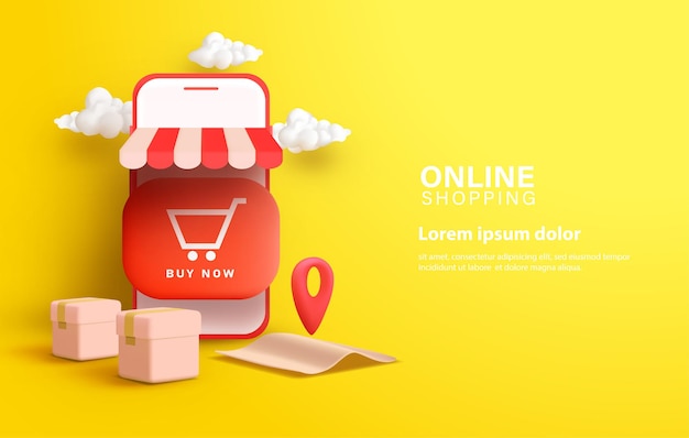 Online shopping with 3D smartphone on yellow background