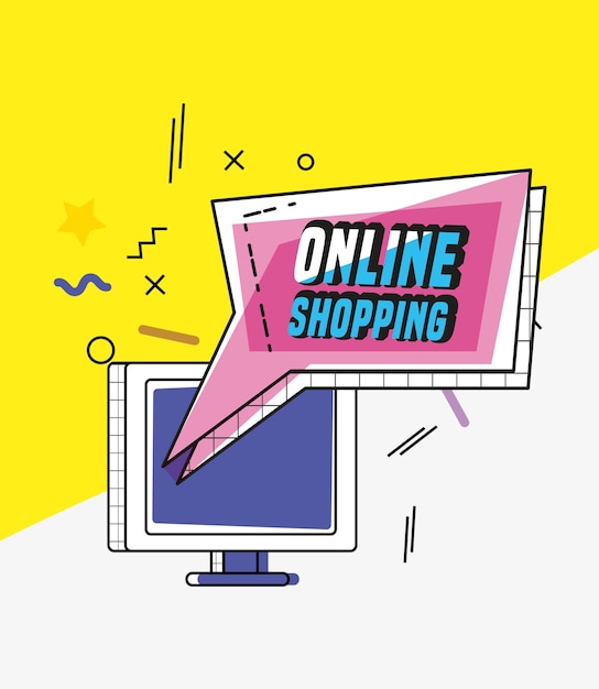 Vettore shopping online con display in stile pop art