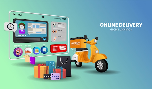 Vector online shopping with motorcycle  for banner