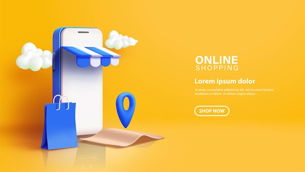 Online shopping with orange background and smartphone illustration