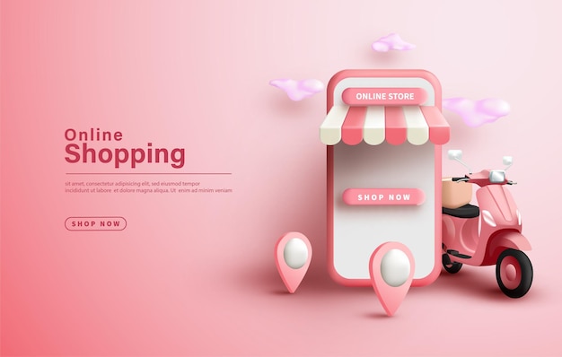 online shopping with smartphone shop and shopping motorbike with location points