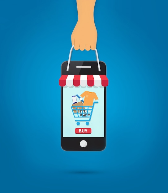 Vettore lo shopping online con lo smartphone.