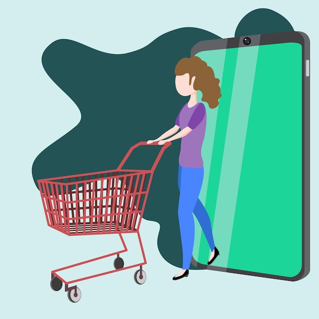 Online Shopping with Woman Pushing Trolley Flat Character in Vector Illustration Concept