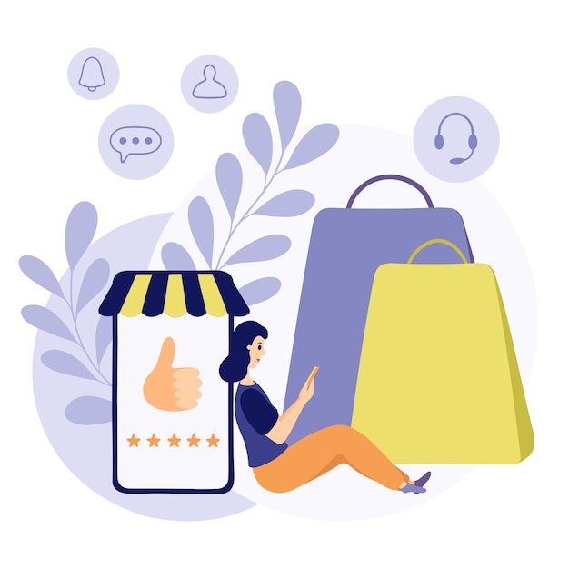 online shopping. woman giving five star feedback. vector customer review concept