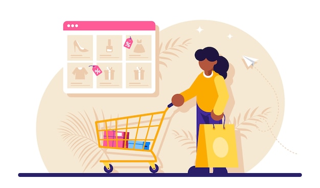Vector online shopping woman and shopping cart
