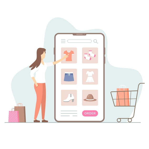 Shopping online donna con acquisti di abbigliamento e telefono concetto di e-commerce illustrazione moderna vettoriale isolata