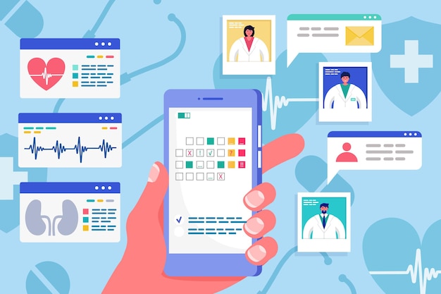 App medica per smartphone online per medico del libro, illustrazione vettoriale. applicazione della tecnologia medica per la comunicazione ospedaliera. consultazione clinica web con infografica, immagine medico mobile.