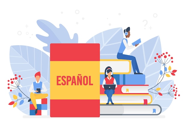 벡터 온라인 스페인어 코스 원격 학교 또는 대학 개념