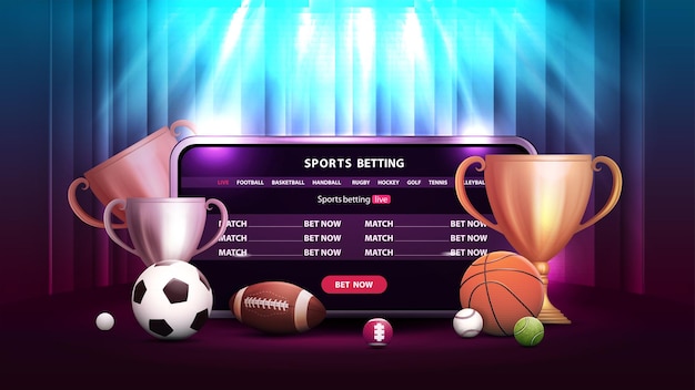 Баннер онлайн-ставок на спорт с кубками чемпионов смартфонов и спортивными мячами в сцене с занавесом на заднем плане