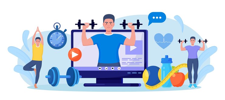 Vector online sport lesson and fitness course on computer screen. sportive man training at home with sport equipment. cardio, yoga and bodybuilding classes. trainer conducts strength training using website