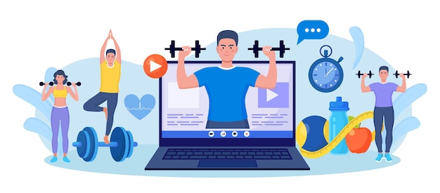 Vettore lezione di sport online e corso di fitness sullo schermo del laptop. uomo sportivo che si allena a casa con attrezzature sportive. corsi di cardio, yoga e bodybuilding. l'allenatore conduce l'allenamento della forza utilizzando il sito web