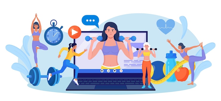 Vector 노트북 화면에서 온라인 스포츠 레슨 및 피트니스 코스. 스포츠 장비로 집에서 낚시를 좋아하는 여성 훈련. 유산소, 요가, 보디빌딩 수업. 트레이너는 웹 사이트를 사용하여 근력 훈련을 실시합니다.