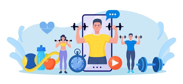 Vector online sport lesson and fitness course on phone screen. sportive man training at home with sport equipment. cardio, yoga and bodybuilding classes. trainer conducts strength training using website