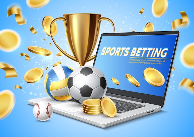 Scommesse sportive online laptop realistico con palline trofeo coppa d'oro e monete d'oro che volano via