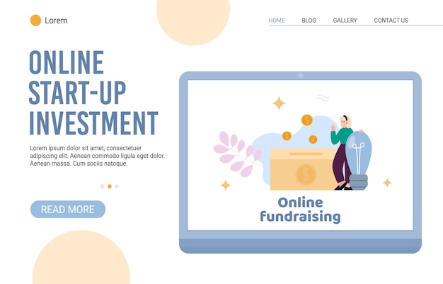 Online startup investments and business funding site flat vector illustration