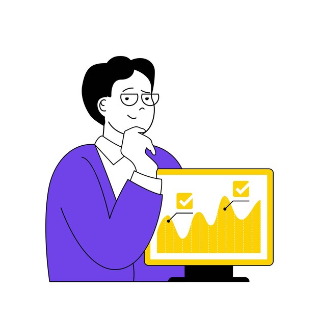 Online stemmen concept met cartoon mensen in plat ontwerp voor web De mens neemt deel aan de democratische stemming en analyseert de exit poll-gegevensgrafiek. Vectorillustratie voor sociale media banner marketingmateriaal