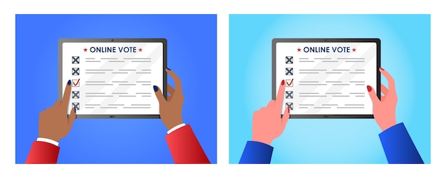 Online stemmen concept voor webdesign vrouw handen met een tablet