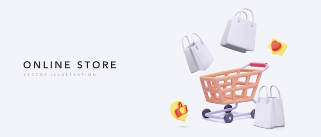 Online store banner with shopping cart and white gift bags and social icons in realistic style. Vector illustration