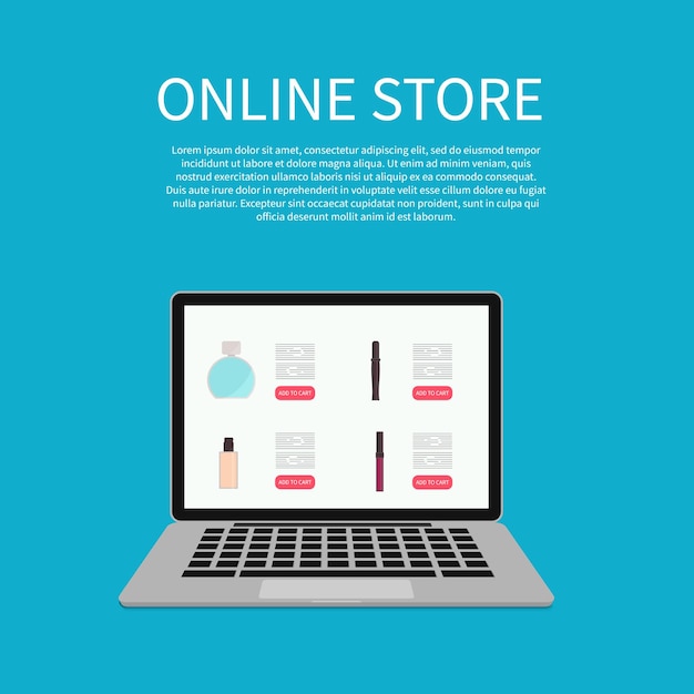 Negozio online di accessori cosmetici illustrazione vettoriale laptop shopping online concetto di e-commerce mercato internet design per i tuoi progetti aziendali siti web app social media ecc