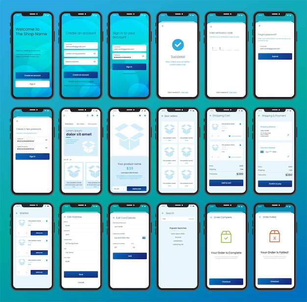 Modello di app per dispositivi mobili del negozio online. concetto di sito web del negozio online. wireframe dell'applicazione per lo shopping.